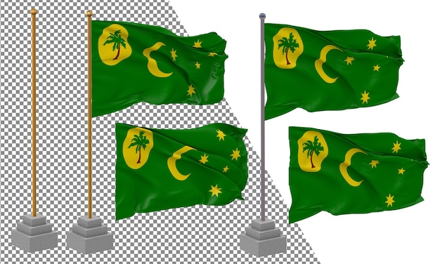 Territory of Cocos Keeling Flag Waving Different Style With Stand Pole Isolated 3D Rendering