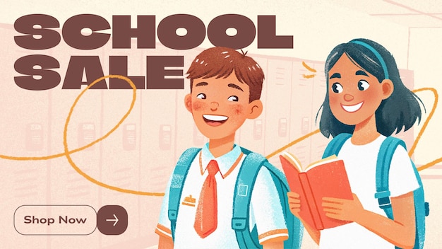 terug naar school verkoop horizontale banner sjabloon met handgetekende illustratie