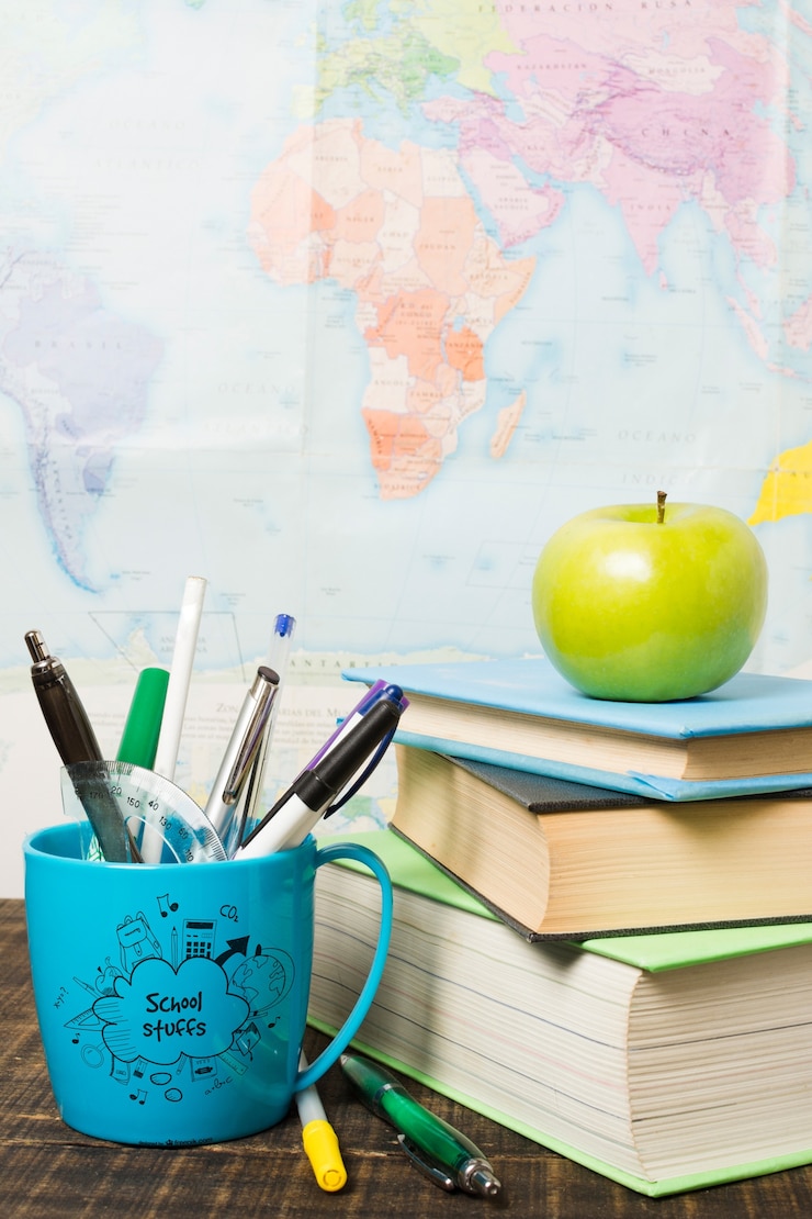 PSD terug naar schoolevenement met boeken en mok