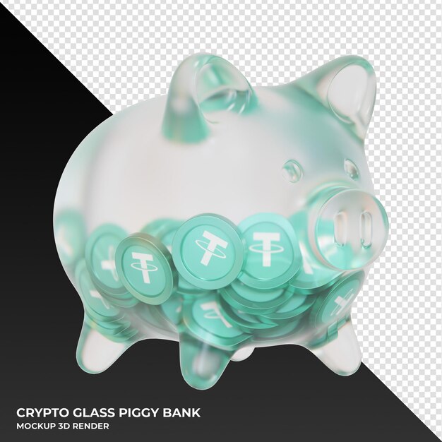 PSD tether usdt glass piggy bank with crypto coins 3d illustration