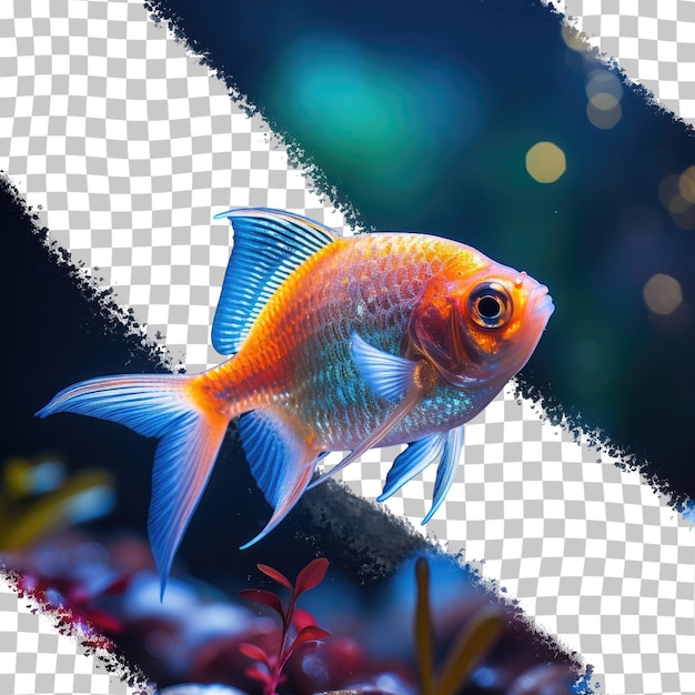 Pesce tetra con luce arancione e blu in un acquario sullo sfondo trasparente