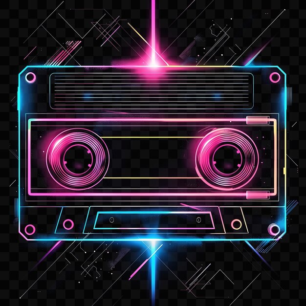 PSD texture retro wave patterns background with neon signs and cassette glowing y2k collage art neon