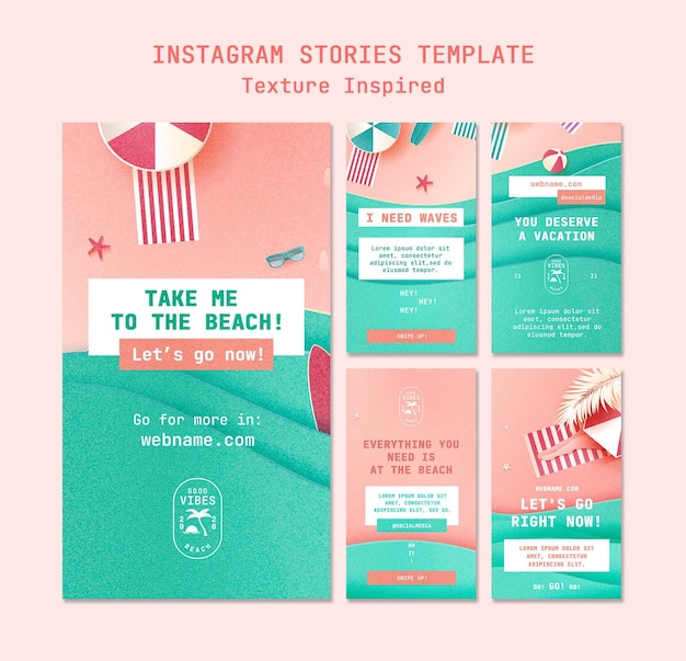 PSD storie di social media sulla spiaggia con texture