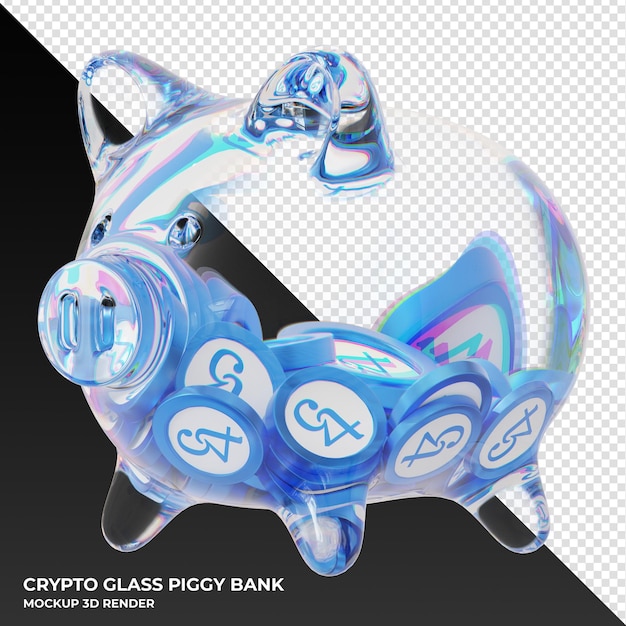 Tezos XTZ coin in clear glass piggy bank 3d rendering
