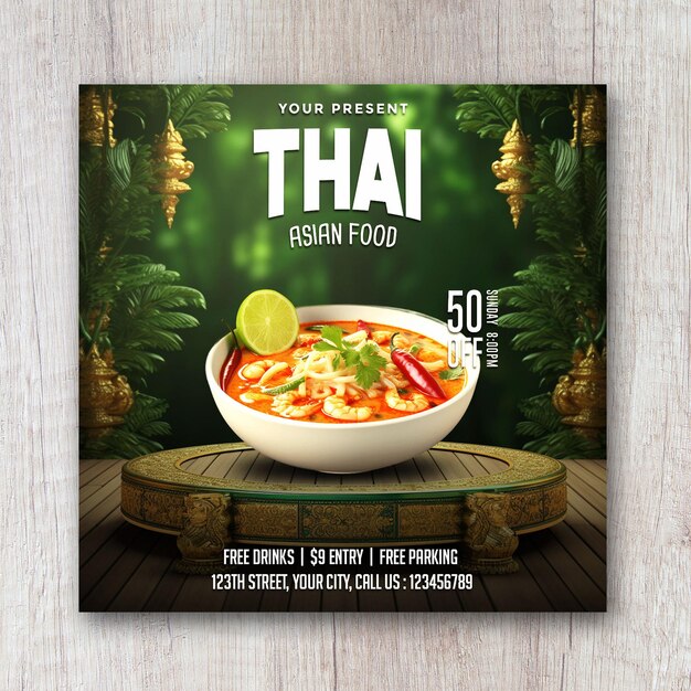 PSD thai asian food square flyer social media post banner psd template podium green gold