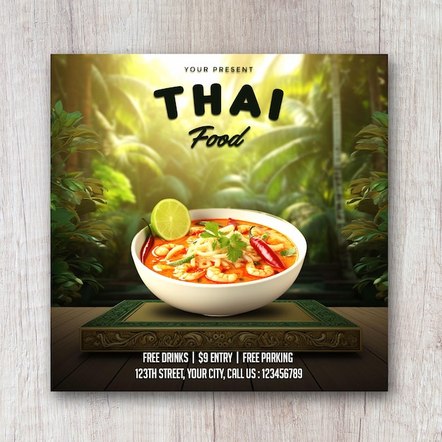 PSD thai asian food square flyer social media post banner psd template podium green gold