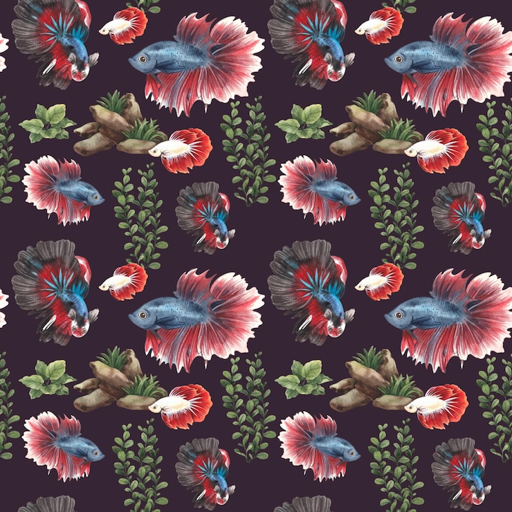 PSD thai betta splendens in natural habitat handdrawn watercolor painting pattern seamless design