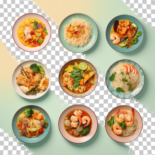 Thai and chinese dishes are shown alone on a transparent background