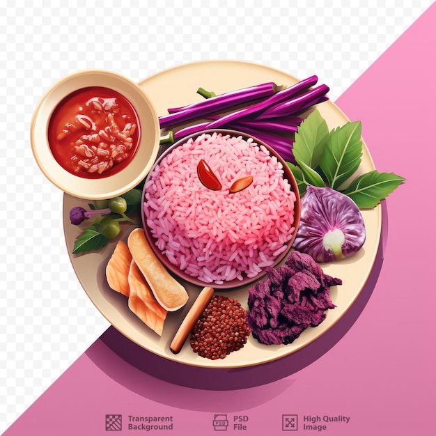 Thai cuisine with purple rice crisp greens and tangy sauce