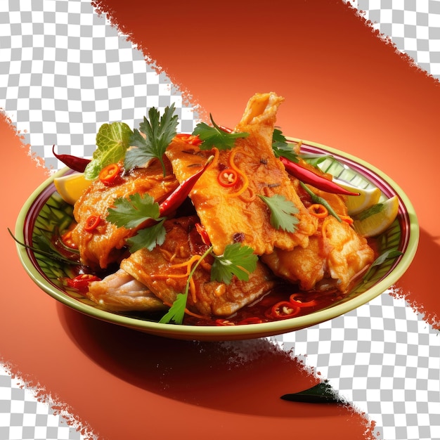 PSD thai fish dish with red curry paste chu chee pla served on a transparent background with path