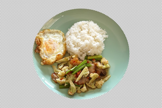 Thai food fried vegetables crispy pork and fried eggs