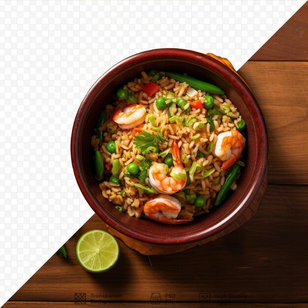 PSD thai meal with shrimp fried rice vegetables green onions lime in a black pottery bowl on a bamboo placemat shot isolated on transparent background with space for text