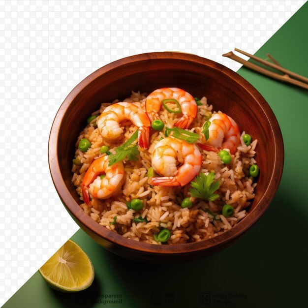 PSD Тайская еда с креветками, жареным рисом, овощами, зеленым луком, лаймом в черной керамической чаше на бамбуковом стойке.