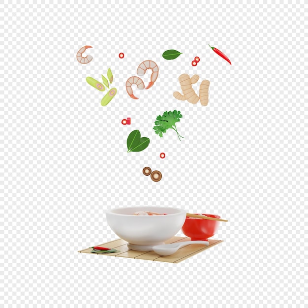 PSD Тайский суп том ям кунг в миске с падающими ингредиентами, изолированных 3d иллюстрация