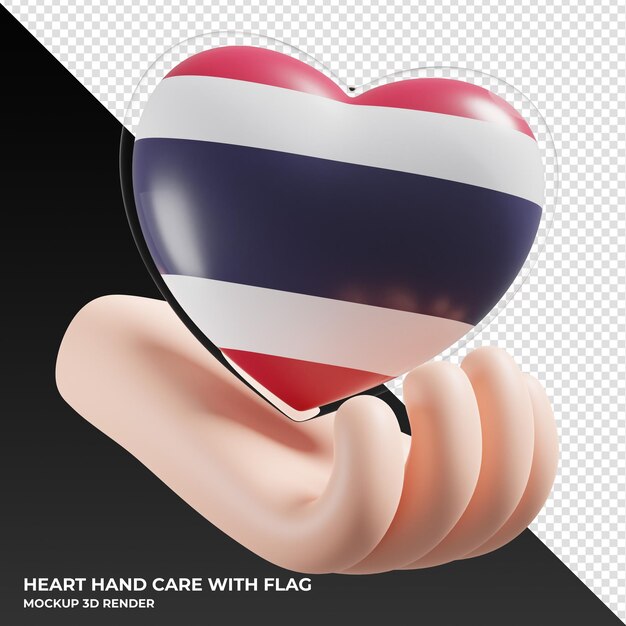 PSD bandiera della thailandia con cuore mano cura realistica 3d testurizzata