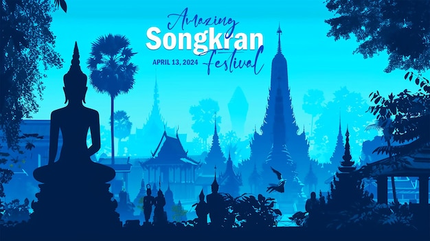 PSD thailandia water festiva songkran banner design su edifici thailandesi punti di riferimento sfondo blu