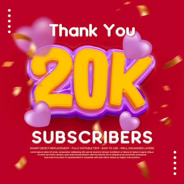 Thank you 20k subscribers celebration greeting banner with editable 3D text effect