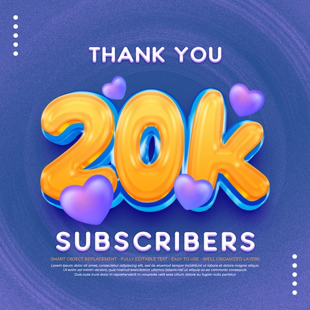 Thank you 20k subscribers celebration with glossy text editable 3D style text effect