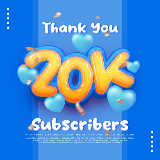 Thank you 20k subscribers poster banner with editable 3D text effect