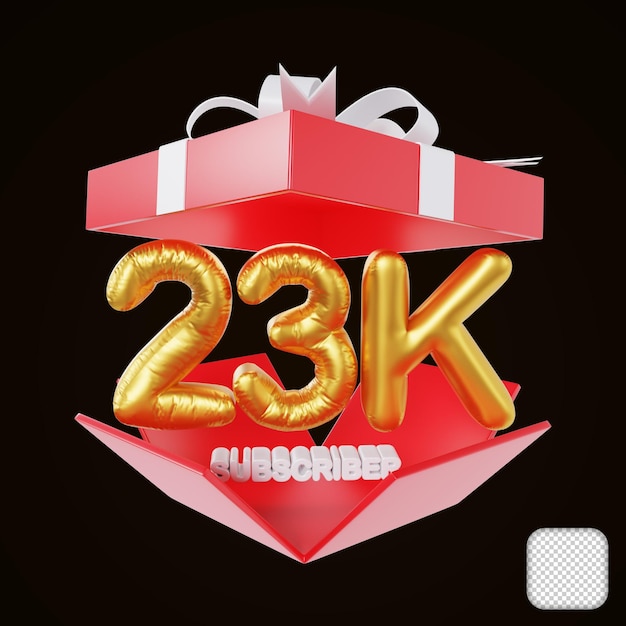 Grazie 23k abbonato con confezione regalo aperta congratulazioni illustrazione 3d