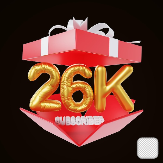 Grazie 26k abbonato con scatola regalo aperta congratulazioni illustrazione 3d