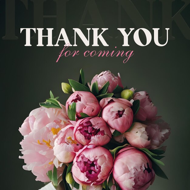 PSD thank you card banner template with bouquet of pink peonies on green background