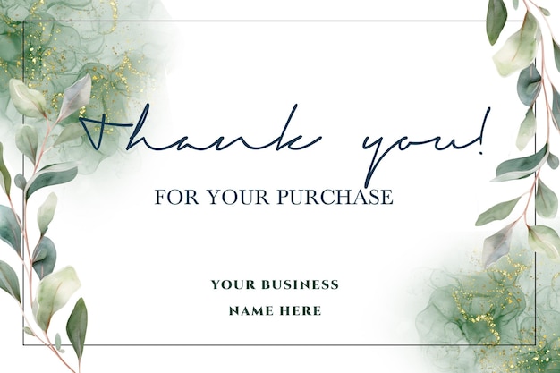 PSD un biglietto di ringraziamento con un disegno floreale e le parole grazie per il tuo acquisto.