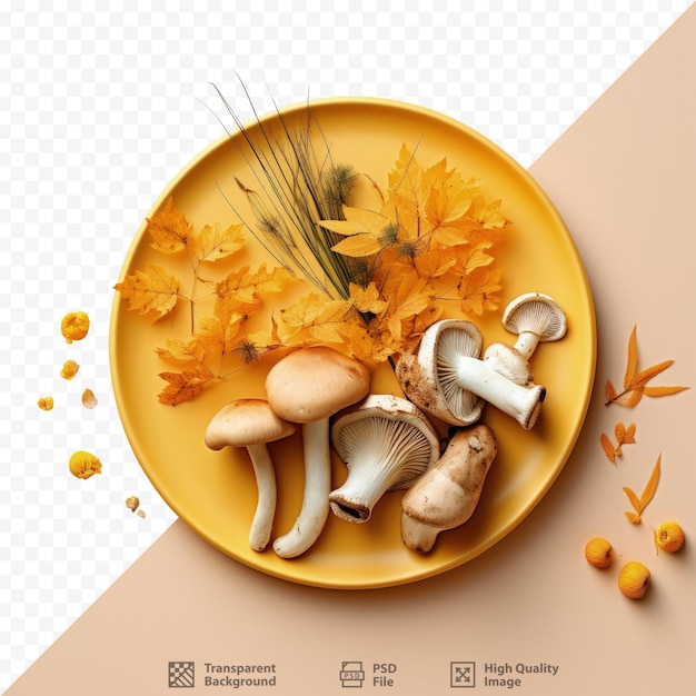 Thanksgiving and autumn themed dish featuring mushrooms on a yellow plate