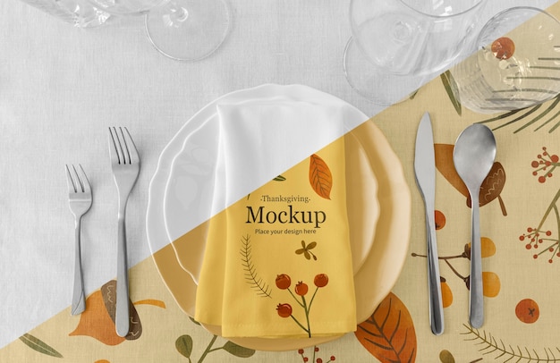 PSD thanksgiving dinner table arrangement with napkin and cutlery