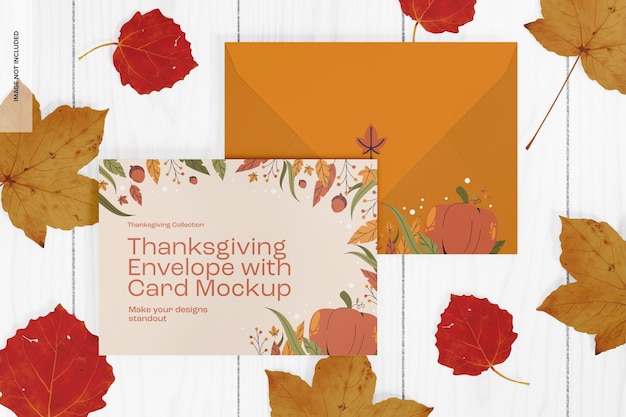 PSD thanksgiving envelope with card mockup, top view