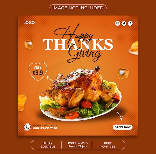 Thanksgiving-flyer en voedselmenu social media post-sjabloon