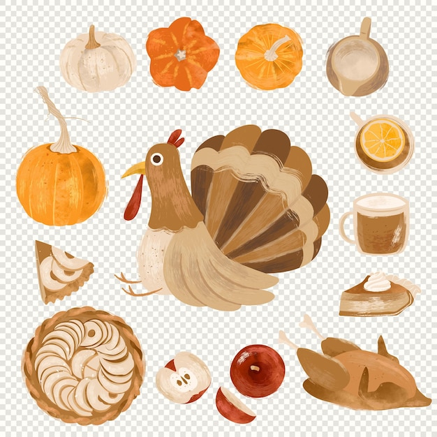 PSD ringraziamento turchia zucca speziata latte torta di zucca autunno autunno raccolto cibo illustrazioni clipart