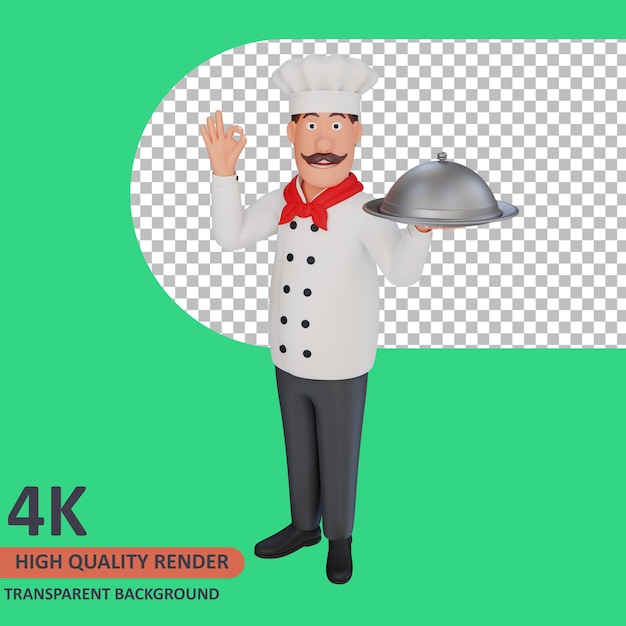 The chef is carrying a silver plate 3d rendering of character modeling
