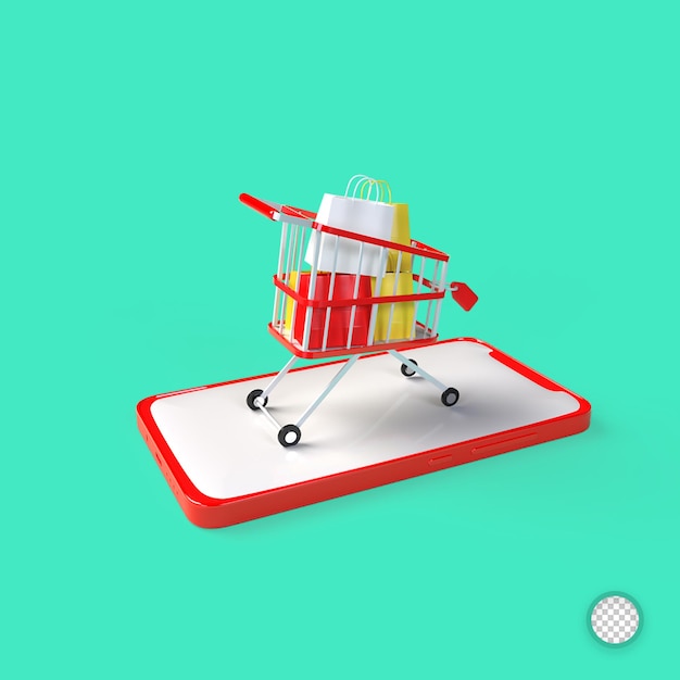 모바일 앱에서 온라인 쇼핑의 개념. 3d 스마트폰 쇼핑백입니다. 삽화