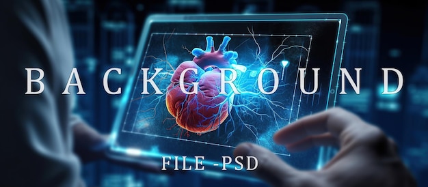 PSD Сердечный орган на планшете держится футуристическим врачом hud