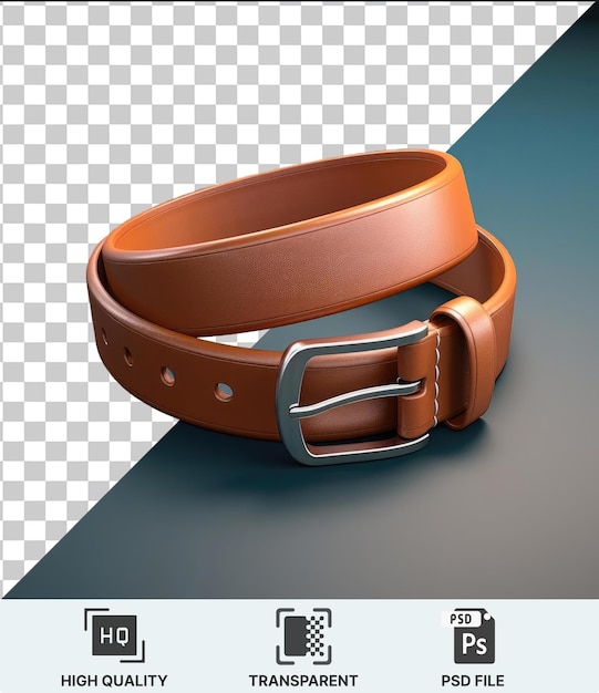 PSD 이 사진에는 은색 금속 을 가진 갈색 가죽 벨트와 갈색 손잡이가 배경에 파란색 그림자를 가진 파란색 테이블에 배치되어 있습니다.