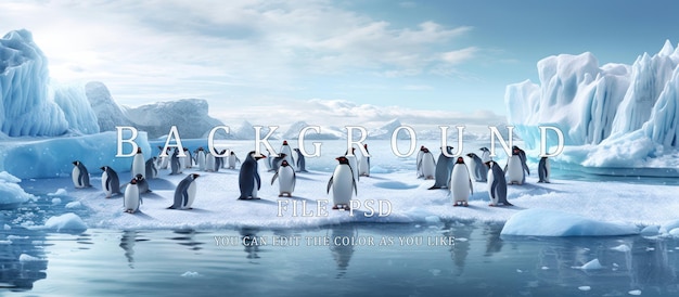 PSD Жизнь группы пингвинов в антарктиде с пространствами льда и морской воды