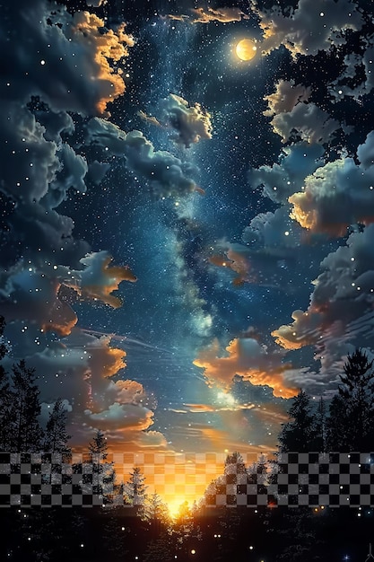 PSD Ночное небо полно звезд и облаков на прозрачном фоне.