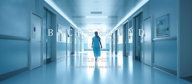 PSD Медсестра идет по коридору больницы синий свет