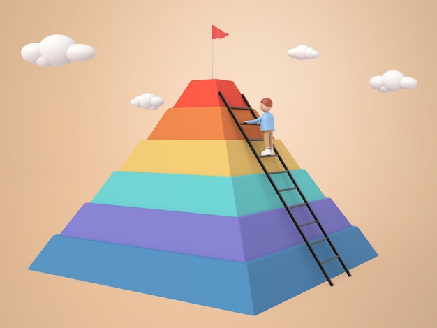 그 청년은 사다리를 꼭대기에 오르고 여러 가지 빛깔의 피라미드 사업의 성공적인 개념 렌더링 꼭대기에 붉은 깃발을 가져갔다