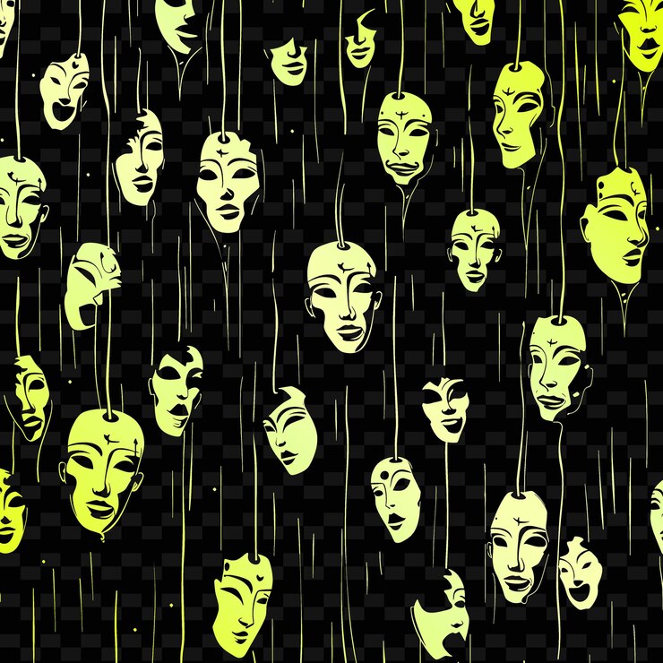 PSD theater outline with masks and scripts masks hanging from h illustration frames decor collection