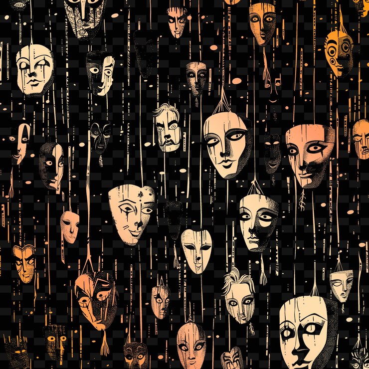 PSD theater outline with masks and scripts masks hanging from h illustration frames decor collection