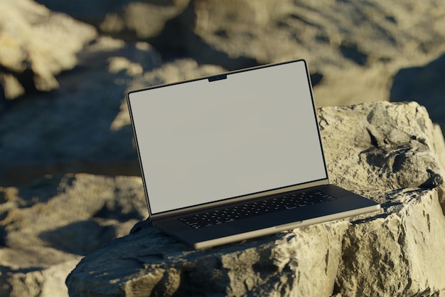 PSD thebook pro laptop mockup all'aperto su un modello rock per la presentazione del marchio