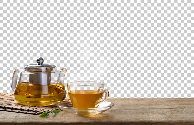 Theekop met met stoomende theepot op het houten bureau met transparante achtergrond png Japanse stijl