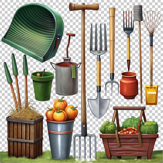 PSD there are many different types of gardening tools and flowers