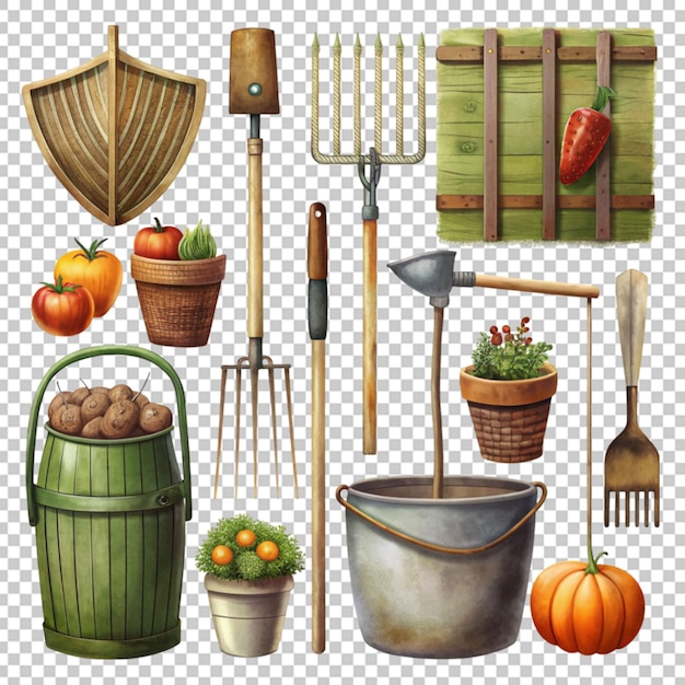 PSD there are many different types of gardening tools and flowers