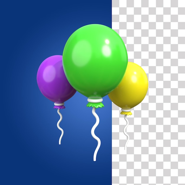 PSD ci sono tre palloncini decorativi che sono verdi viola e gialli