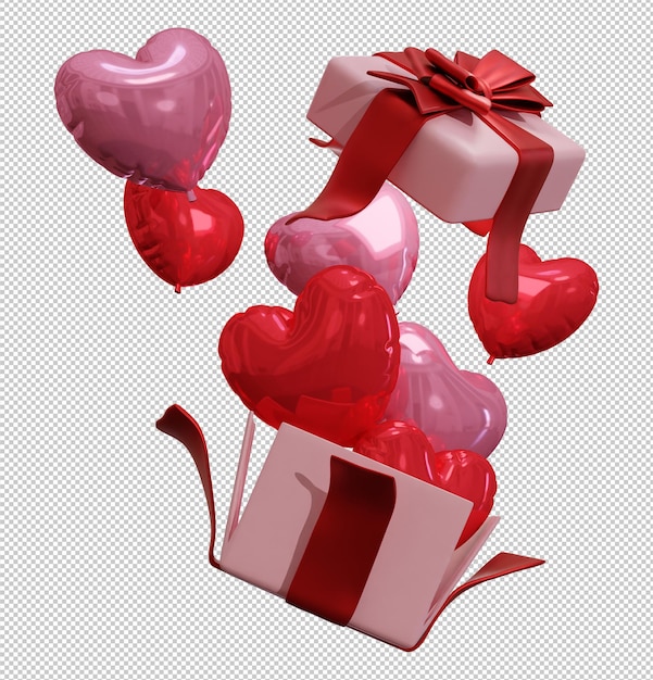 PSD c'è una scatola regalo aperta con palloncini d'amore che volano fuori su uno sfondo trasparente