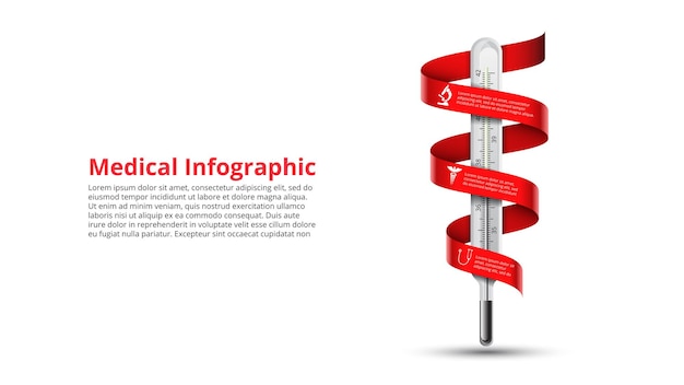 Thermometer met rood lint voor infographics medisch gezondheidszorgconcept met 3 opties