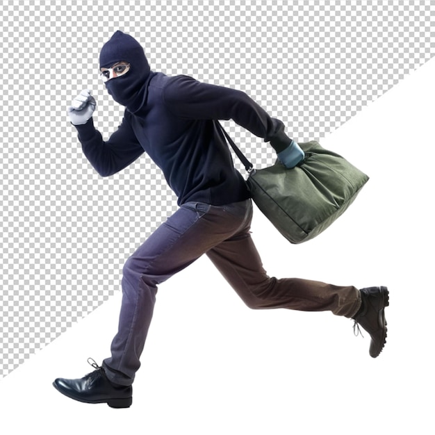 Thief carry bag and run on transparent background